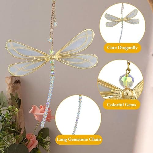 Suncatcher - Décoration de fenêtre - Cristaux de verre - Décoration de fenêtre - En forme de pétales de soleil - Décoration en cristal - Arc-en-ciel - À suspendre - Pour jardin (libellule) thumbnail 3