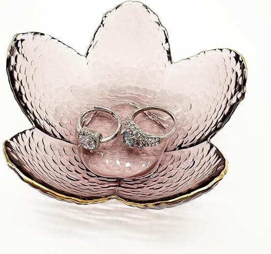 BROSEBEAQ Small Pink Glass Jewelry Dish Tray, Bathroom Jewlery Tray, Flower Ring Dish Jewlry Plate, Crystal Engagement Jewerly Ring Holder for Women, Nightstand Decor Trinket Jewelry Bowl Gift for Mom thumbnail 5