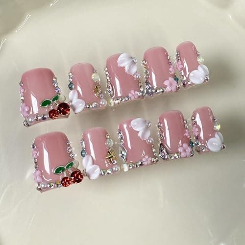 Duck Press on Nails Duck Handmade Press on Nails 3D Luxury Rhinestone Cherry and Pearl Acrylic Fake Nails Designs Flower Stick on Nails Full Cover Thickened False Nails for Women Nail Art DIY（M) thumbnail 3