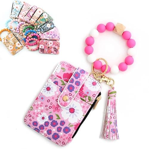 Women's Boho Beaded Wallet with Flower Pattern, Women Boho Style Beaded & Tassel Decorated Keychain, Credit Card Holder Purse (Rose red) - Image 1