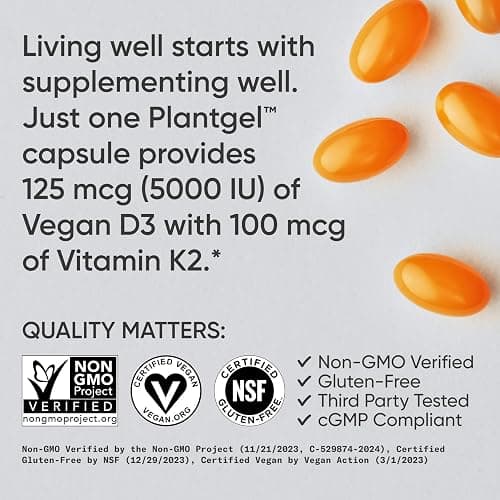 Sports Research® Vitamin D3 + K2 w/ Coconut Oil - Vegan Vitamin D 5000iu & Mk7 Vitamin K 100mcg for Bone & Immune Support - Vegan Certified · Non-GMO · Soy Free - 60 Softgels thumbnail 4