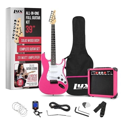 LyxPro 39" inch Full Size Electric Guitar with 20w Amp, Package Includes All Accessories, Digital Tuner, Strings, Picks, Tremolo Bar, Shoulder Strap, and Case Bag Complete Beginner Starter kit - Pink - 39" Right Handed - Pink - Image 1