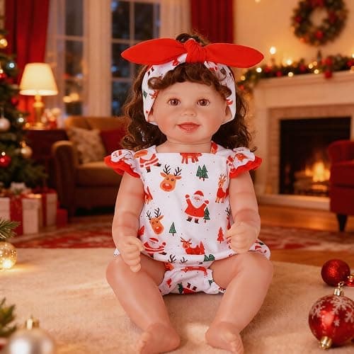 BABESIDE Reborn Baby Doll Clothes for 17- 22 Inch Dolls, Cute Santa Pattern Realistic Baby Doll Clothes Outfits with Headband, for Girls - Image 1