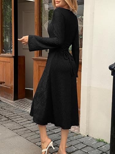Cicy Bell Womens Sweater Dress Square Neck Maxi Dress Long Sleeve Tie Waist Fall Winter Wedding Guest Knit Midi Dresses thumbnail 3