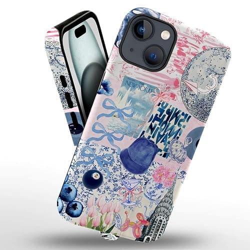Generic Case Compatible with iPhone 14,Scratch Resistant Hybrid 2-Layer Hard Shell Phone Case,Ball Blue Bow Flower Collage Aesthetic - Ball Blue Bow Flower Collage Aesthetic - iPhone 14 thumbnail 2