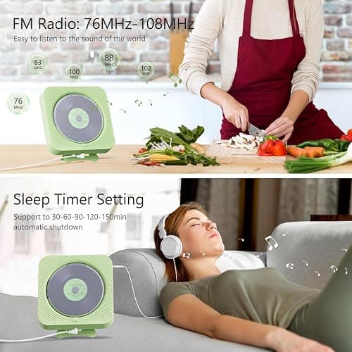 MICOCIOUS Portable CD Player with Bluetooth Desktop CD Player for Home CD Music Players with Remote Control,Timer,Built-in Dual Speakers with LED Display Home Audio Boombox FM Radio (Green) thumbnail 5