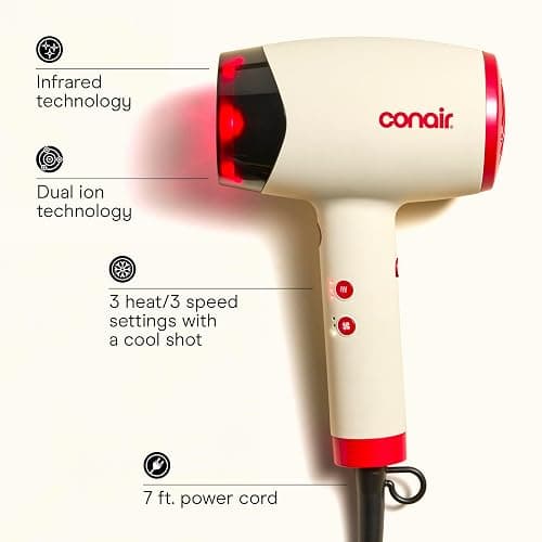Conair InfinitiPRO Infrared Hair Dryer + Diffuser, Ionic Fast Drying, White | Infrared ionic blow dryer w/ fast drying tech, reduces heat damage & offers salon quality, includes diffuser & concentrator thumbnail 2