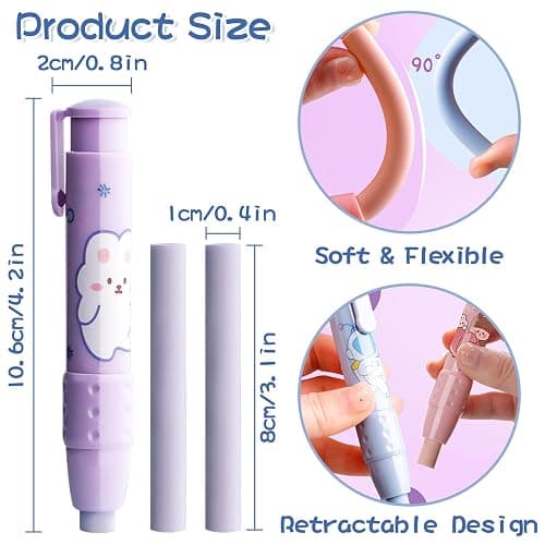 Retractable Pencil Erasers, Pen-Style Erasers, Cute Erasers for Pencils with Refills, Fun Click Erasers, Back to School Stationery Supplies (Purple) thumbnail 3