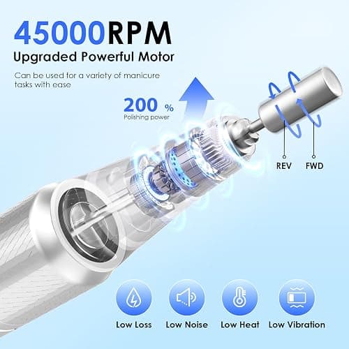 HELIVIVE Professional Electric Nail Drill 45000RPM (Portable & Rechargeable) (with 11 Drill Bits ) Cordless Nail File Machine for Shaping, Polishing & Removing Gel Nails for Salon Home (White) thumbnail 2