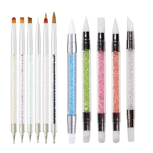 Whmeolyo 11Pcs Nail Art Brush Set, Dual Tipped Silicone Nail Tools, Nail Art Sculpture Pen, Crystal Handle Liner Brushes, Acrylic & Gel Nail Brush, Dotting Pens for Home and Professional Nail Salon - Image 1