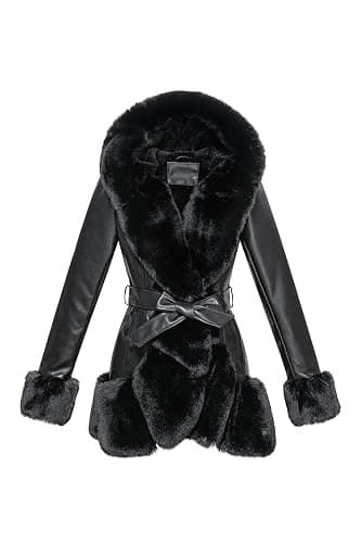 GRAN ORIENTE Women's Faux Leather Coat with Faux Fur Collar,Winter Warm Belted Mid Length Trim Jacket Fur Lined with Hood - Image 1