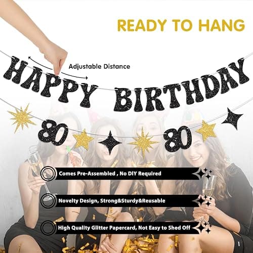 Vofrise Black Gold Happy 80th Birthday Banner Pre-Strung 80th Birthday Decorations for Women Men Glitter Star Cheers to 80 Years Old Birthday Decorations Eighty Bday Party Supplies thumbnail 2