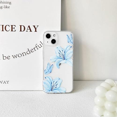 NITITOP Compatible with iPhone 13 Mini Case Clear Cute Butterfly Lily Flower Floral Pattern for Women Girls Full Camera Lens Clear Slim Shockproof Protective Phone Cover - Blue thumbnail 6