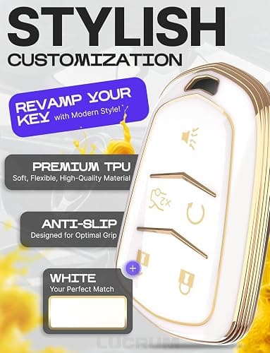 Lucrum Compatible with Cadillac Escalade Key Fob Cover & Leather Keychain, 5 Buttons Keyfob Case for ATS CTS CT6 SRX XT4 XT5 XT6 - (2015-2023) - White and Gold thumbnail 3