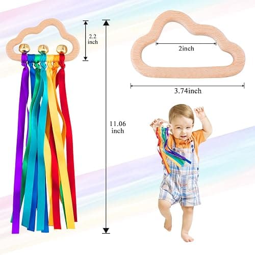 Baby Sensory Wooden Rattle Toys - 2PCS Rainbow Ribbon Rattles Ring Toy for Babies 0-6 Months, Wood Baby Montessori Toys with Bells for 0-12 Months Newborns Infants Toddlers Boy Girl as Shower Gifts thumbnail 2