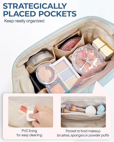 BAGSMART Makeup Bag Travel Toiletry Bag, Puffy Padded Make Up Bags for Women Makeup Organizer Case, Wide-open Pouch Purse Travel Essentials Toiletries Accessories Brushes, Light Blue thumbnail 4