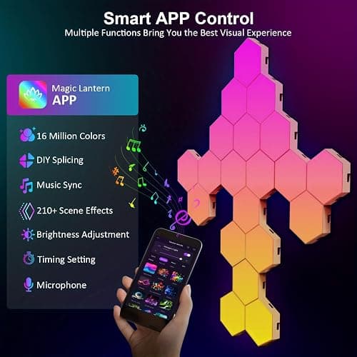 ODISTAR Hexagon Wall Light Panels (8 Pack)- Smart APP RGB Hexagonal LED Modular Lights with Remote Control,Music Sync Features for Gaming Rooms,Living Rooms, Bedrooms, DIY Enthusiasts and Gift Options thumbnail 2