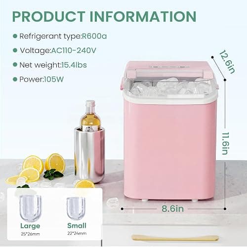 NEWBULIG Ice Makers Countertop with Handle, Portable Ice Machine, 9 Bullet Ice Cubes in 6 Mins, 26lbs in 24Hrs, Auto-Cleaning, with Basket and Scoop, for Home, Kitchen, RV, Camping,Light Pink thumbnail 7