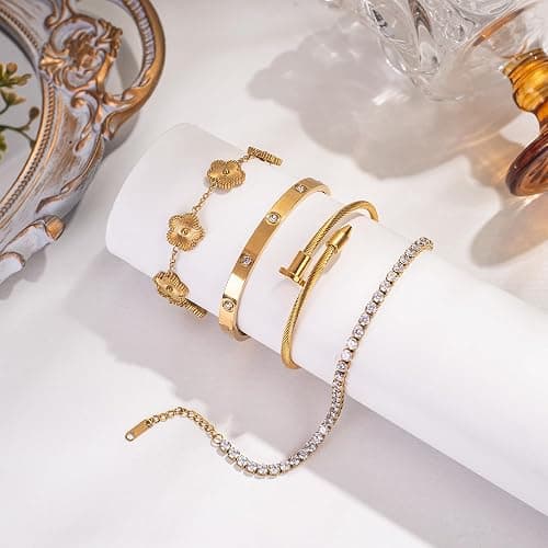 18K Gold Plated Nail love Bangle Bracelet Set for Women Stackable Gold Clover Adjustable tennis bracelet Trendy Gift Jewelry for Mother's Day Anniversary thumbnail 3