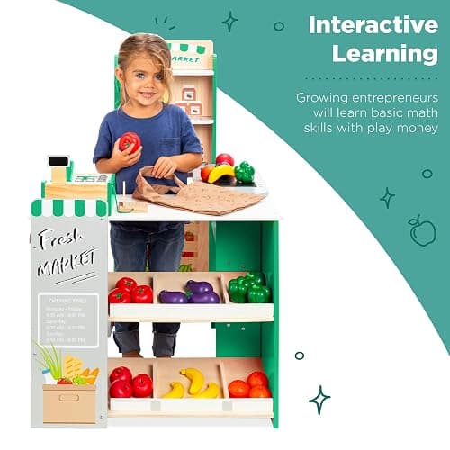 Best Choice Products Pretend Play Grocery Store Wooden Supermarket Toy Set for Kids w/Play Food, Chalkboard, Cash Register, Working Conveyor - Green thumbnail 4