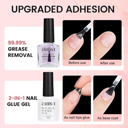 AILLSA Nail Extension Kit Short Almond Nail Tips 240pcs for Starters | 2 In 1 Nail Glue Base Coat and Nail Dehydrator, Nail Extension Kit with Nail Lamp Top Coat for Starters thumbnail 5