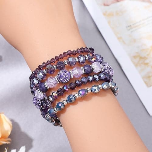Wanmu 5Pcs Beaded Bracelets for Women, Bohemian Glass Faceted Crystal Beads Bracelet, Stackable Boho Disco Ball Stretch Bracelets, Multilayered Purple Jewelry Gift for Women, Mother's Day thumbnail 3