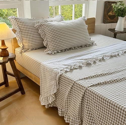 NSNLGSGC Tan Ruffled Plaid Gingham Standard Size Pillow Shams 20"x26", Set of 2 Taupe Checked Pre-Washed Microfiber Farmhouse Pillowcases for Bed/Sofa (20"x26", Tan Gingham) thumbnail 5