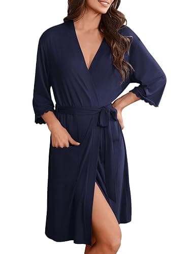 Ekouaer Robes for Women Knee Length Kimono Bathrobe Lightweight 3/4 Sleeve Sleepwear Soft Loungewear with Pockets S-XXL - Image 1