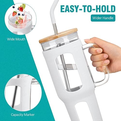 WINSA Glass Tumbler with Lid and Straw, 46 oz Iced Coffee Cup with Handle, Large Water Bottles with Silicone Sleeve, Glass Cup with Straws - Pearl Straw & Drinking Straw BPA Free-White thumbnail 5
