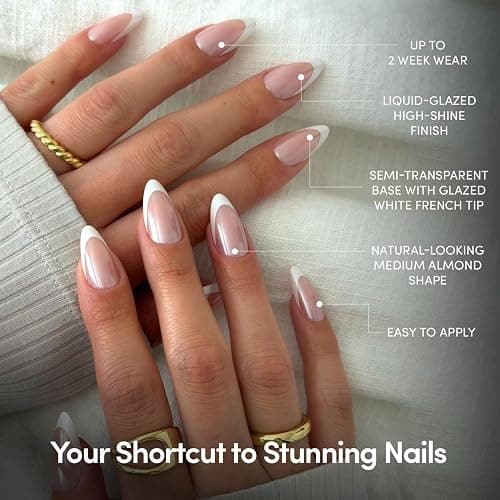 Glamnetic Press On Nails - Medium Almond, Glossy Fake Nails 30 Pc Full Kit | Everyday Pearl press on nails in 15 sizes. French tip glue-on set. Waterproof, chip-resistant, up to 2 weeks wear thumbnail 3
