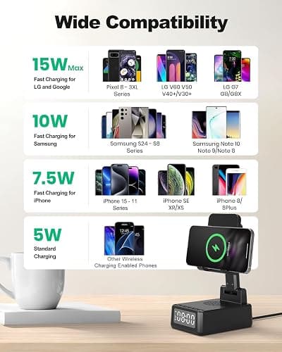 Gifts for Men Cell Phone Stand with Wireless Bluetooth Speaker and Wireless Charger, Phone Charger Stand with Digital Alarm Clock for iPhone, Birthday Gifts for Men,Boyfriend,Dad,Women,Christmas thumbnail 9