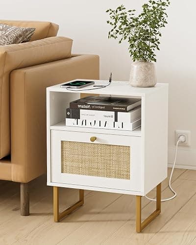 Masupu Rattan Nightstand with Charging Station,Modern Boho Farmhouse Wood Bedside Table with Storage Drawer and Open Shelf,Small Gold Frame Side End Table for Bedroom,Living Room,Office White thumbnail 4