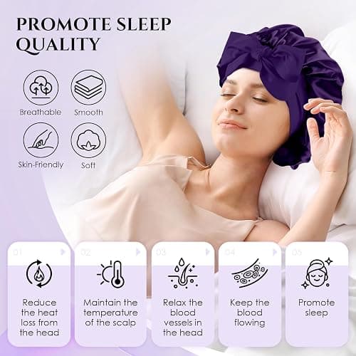 Reversible Satin Bonnet for Sleeping Women, Double Layer Soft Ajustable Elasticity Band Satin Bonnet for Sleeping Hair Silk Sleep Cap Reduce Frizz (Purple+Purple) thumbnail 4