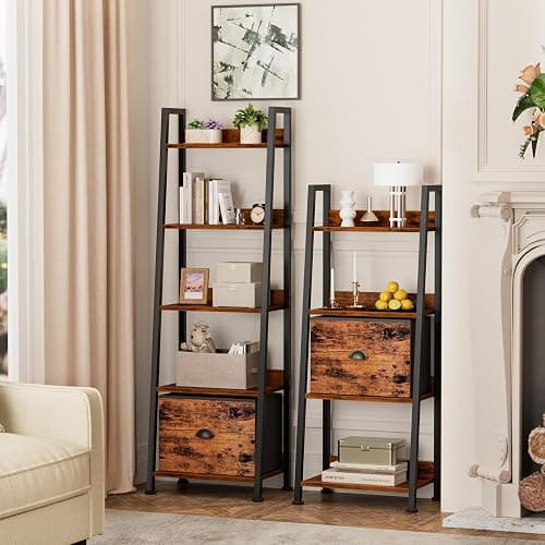 Furologee 5-Tier Ladder Shelf, Ladder Bookshelf with Removable Drawer, Rustic Bookcase Storage Rack Organizer, Wood Metal Freestanding Storage Shelf for Living Room, Home Office, Bedroom, Balcony thumbnail 6