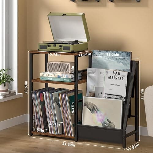LELELINKY Record Player Stand with Vinyl Storage, 3 Tier Turntable Stand with Display Shelf Storage Up to 150 Albums,Brown End Table for Living Room thumbnail 3