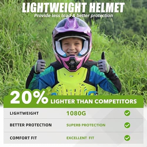 ROOZO Youth Kids Dirt Bike Helmet DOT Approved, Full Face Motocross Set | 4-in-1 set includes goggles gloves storage bag, ultra-light design, adjustable visor and washable liner for ATV UTV thumbnail 3
