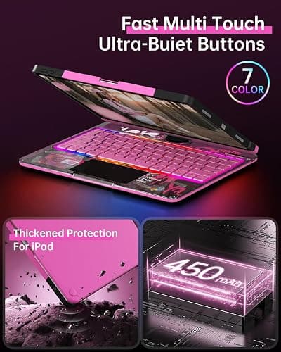 Auupgo Transparent Keyboard Case with Trackpad for iPad 11th Gen A16 (2025) & 10th Gen 10.9" (2022), 7-Color Backlit Wireless Bluetooth Keyboard with 360 Rotating Stand & Pencil Holder, Pink thumbnail 9