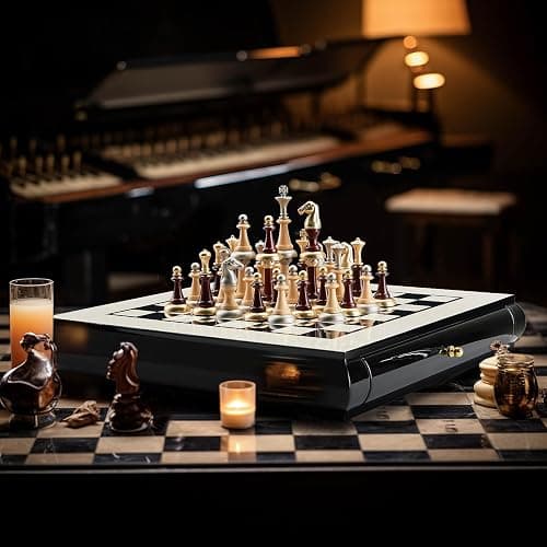 AMEROUS 16 Inches Wooden Chess Set, Large Size Board with 2 Built-in Storage Drawers - 2 Extra Queens - Metallic & Wooden Chess Pieces - Gift Packaging, Board Games for Adults and Kids thumbnail 2