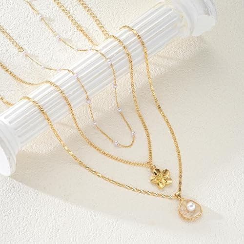 Hibiscus Stack Necklace for Women Gold Flower Necklace Waterproof Beach Vacation Layered Necklace Jewelry thumbnail 4