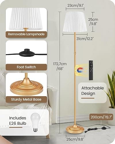GOEBLESON Dimmable Floor Lamp for Living Room, 68" Tall Standing Lamp, Reading Light with Remote & Foot Pedal, 10W LED Bulb (3000K-6500K) Included, FCC Listed, Reinforced Base, Gold and White DW12LD05 thumbnail 3