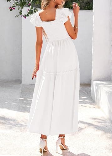 KIRUNDO Smocked Summer Dresses for Women 2026 Wedding Guest Midi Flowy Ruffle Short Sleeve Square Neck Tiered Sundress thumbnail 2