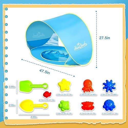 Monobeach Baby Beach Tent with Beach Sand Toys Pop Up Portable Shade Pool UPF50+ UV Protection Sun Shelter for Infant with Easy Set Up Canopy (Blue with Toys) thumbnail 7