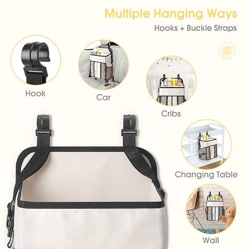 Maliton Hanging Diaper Organizer - Caddy for Changing Table, Crib, Pack n' Play - Stacker Holds 52+ Diapers - Nursery Organizer & Baby Shower Gifts - Beige thumbnail 6