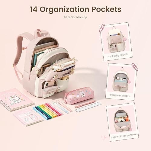 LOVEVOOK School Backpack for Teen Girls,Student Backpack Purse for 8-16 Teenage,Cute Kid Bookbag with Large Cup Holder thumbnail 4