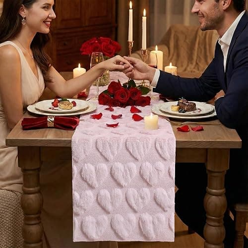 Artoid Mode Pink Soft Plush Faux Fur Jacquard Love Heart Valentine's Table Runner, Kitchen Dining Table Decoration for Home Party Decor 13x72 Inch thumbnail 6