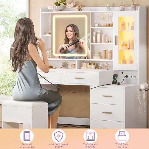DICTAC Makeup Vanity Desk with Sliding LED Lighted Mirror, 47.2"W Large Vanity Desk with Drawers, Shelves and Side Storage, RGB Glass Cabinet, White Vanity Table Set with Charging Station for Bedroom thumbnail 6