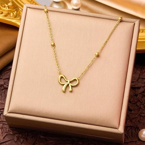 LUNADORN Bow Necklace Gold Necklace for Women 18K Dainty Gold Necklace Cute Small Tiny Bow Pendant Choker Chain Necklace Trendy Necklaces for Women Teen Gold Jewelry Gift thumbnail 6