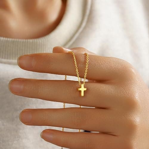M MOOHAM Cross Necklace for Women Teen Girls, Dainty 14K Real Gold Plated Cross Pendant Necklace Sideways Cross Choker Layered Cross Necklace Gifts for Women Girls thumbnail 5