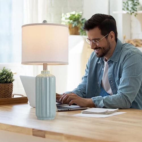Liyicha Lamp for Living Room Bedroom Lamps Farmhouse Table Lamps Set of 2 Vertical Stripe Ceramic Table Lamp,Linen Shade with Bulb, 25 in High,Light Blue - Light Blue（Set of 2） - 25-inch high thumbnail 4