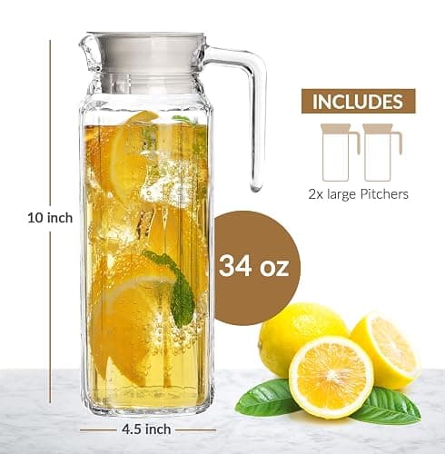 Glass Pitcher with Lid – Set of 2 34Oz Glass Water Pitcher – Cold Water Carafe For Ice Tea, Lemonade, Coffee – Elegant and Modern – Practical Spout Pitchers for Drinks thumbnail 3